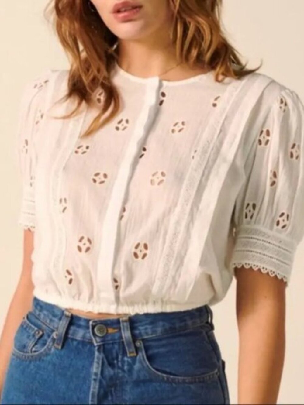 Rouje Paris Mathias Ivory Eyelet Lace Peasant Blouse